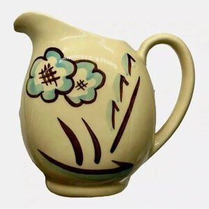 Vtg 1940’s SHAWNEE Pottery USA 6" Creamer Pitcher Yellow w/Blue Brown Flower #35